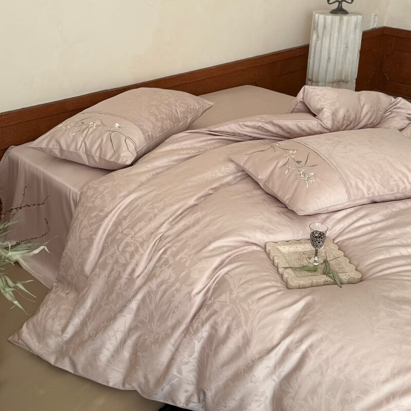 ROLAND LIVE轻奢风长绒棉提花床上用品四件套单双人床被套床单全棉裸睡三件套 LB 长绒棉提花套件-花盏粉色 1.2米床 床单款 【被套150*200cm】