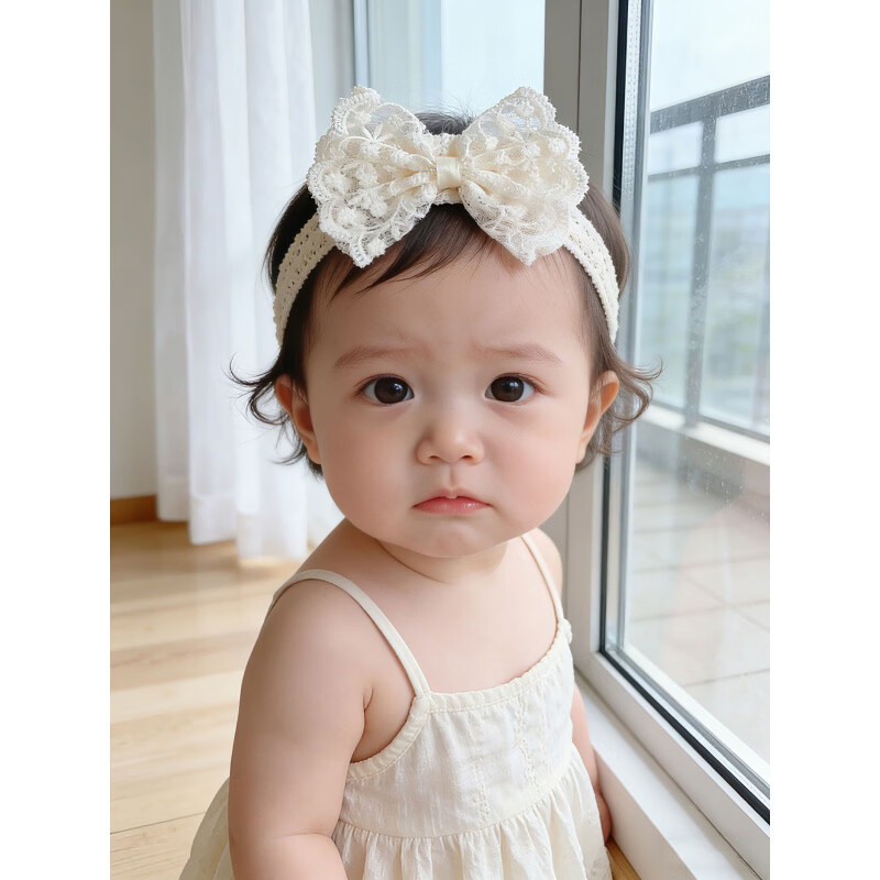 轩玖婴儿蝴蝶结发带可爱蕾丝女宝宝拍照头饰婴幼儿百天周岁 粉色(头围38-46CM)