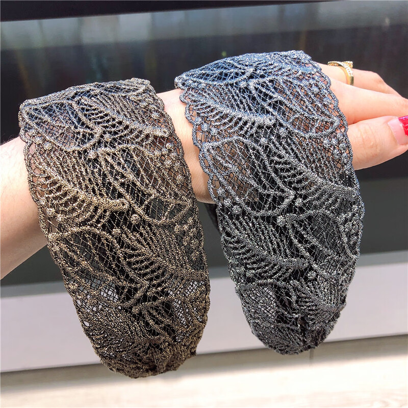 中老年发箍遮白发夏季宽边花朵妈妈太太蕾丝带压夹夹 大花朵银色 最宽处6.5CM