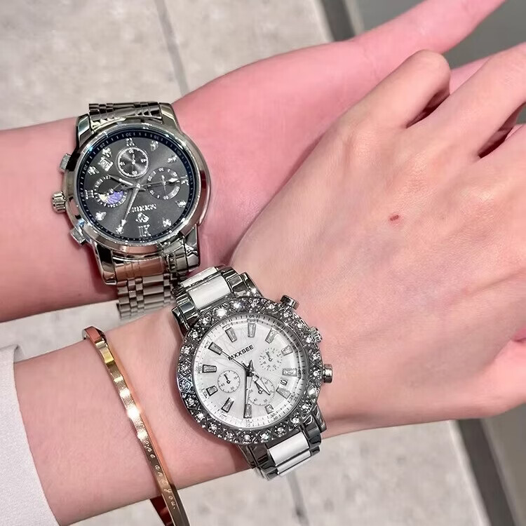 MXXSEE情人节礼物情侣手表一对2026新款正品牌男女送老婆机械风石英手表 情侣银黑+银白【礼盒包装+送手镯】