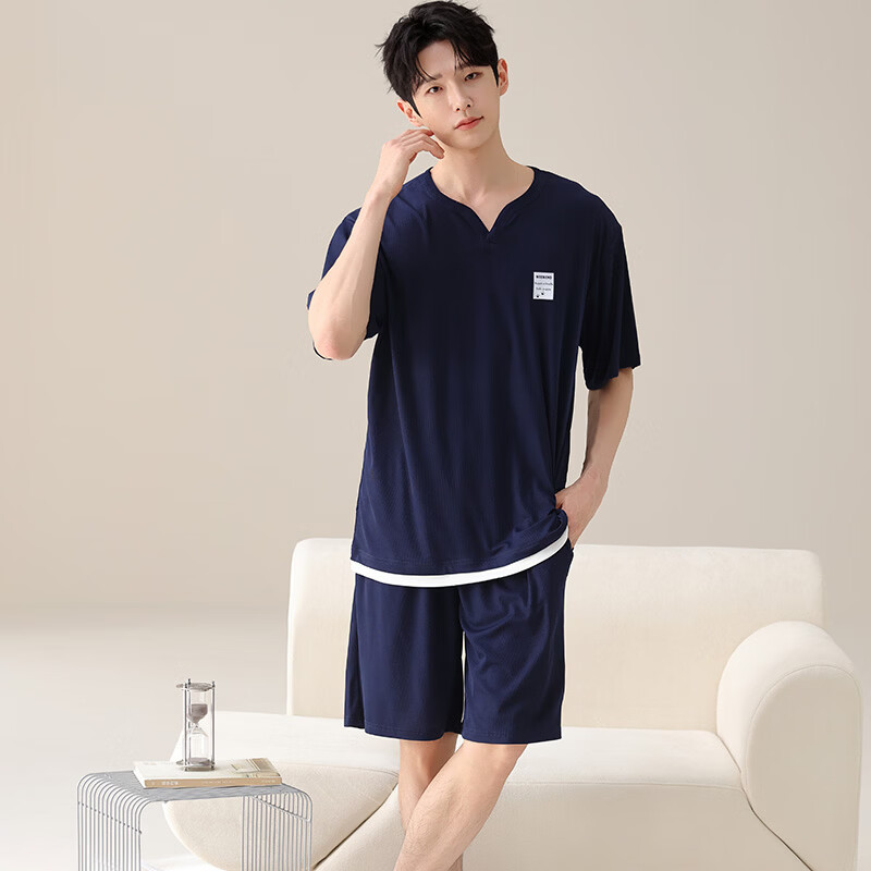 都市丽人男士睡衣夏季薄款冰丝短袖短裤凉感透气男生可外穿家居服套装 凉感男士短袖短裤-藏青色 L （建议105-135斤）