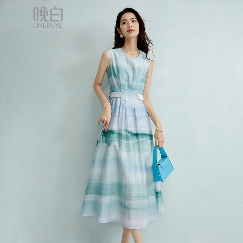 晚白2026春夏款时尚高腰莱赛尔天丝长裙法式轻薄度假风晕染无袖连衣裙 蓝绿色 L