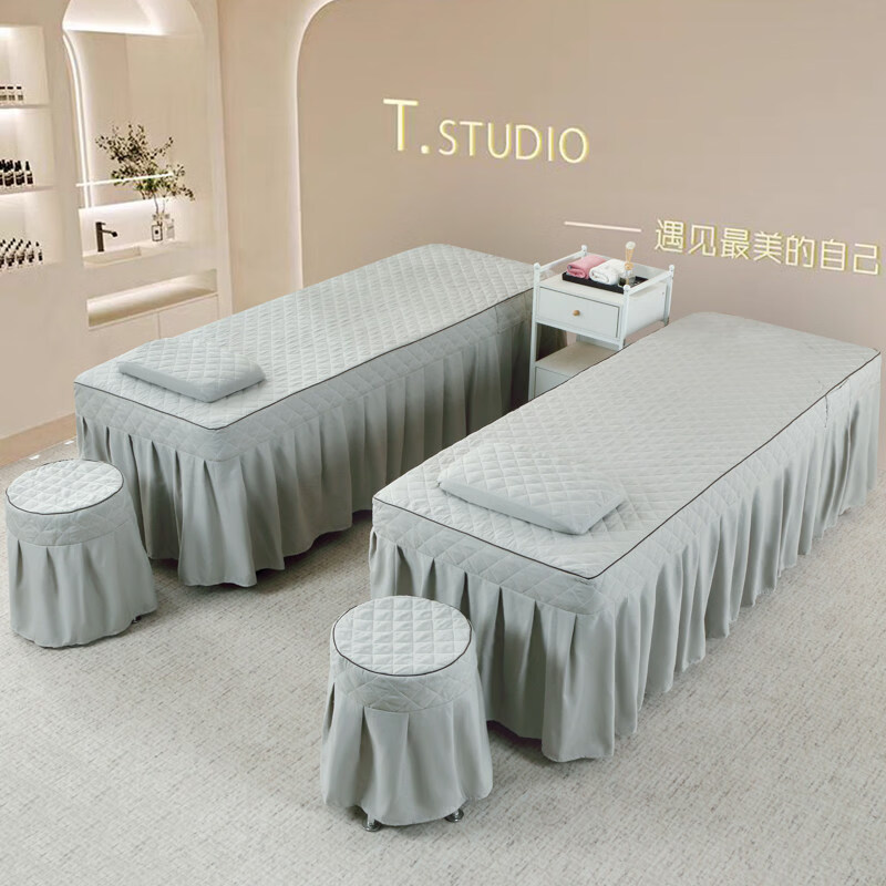 正圣美容床罩单件美容院专用夹棉按摩纹绣中医推拿采耳理疗床套带洞口 小花香--浅灰色 方头【床罩+枕套】 185cm*70cm