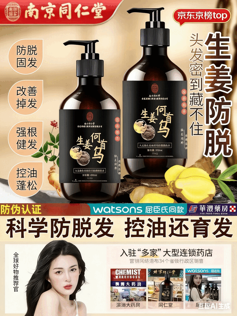 南京同仁堂何首乌生姜洗发水防脱固发养发密发黑灵芝蓬松养发白发转养亮发 1瓶体验装 500ml