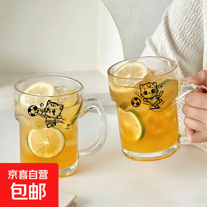 大容量加厚玻璃杯简约水杯酒吧洋酒杯酒具啤酒杯咖啡杯漱口杯 足球猫印花带把玻璃杯 （1只装）500毫升