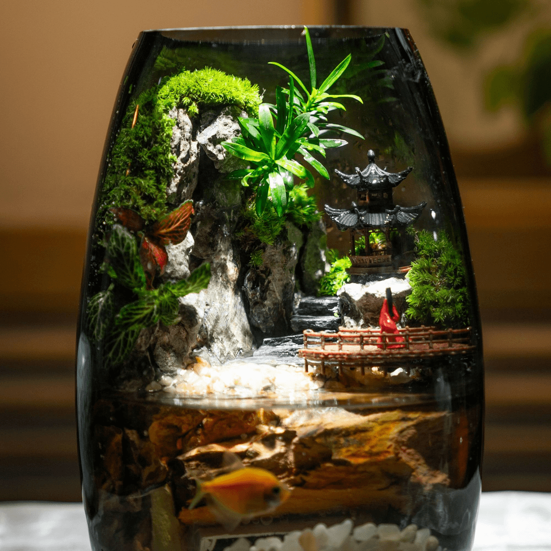封茗生态瓶苔藓微景观青苔造景缸植物办公室绿植桌面微景瀑布养鱼盆栽 红衣女微景瀑布A款+植物灯（可养鱼）