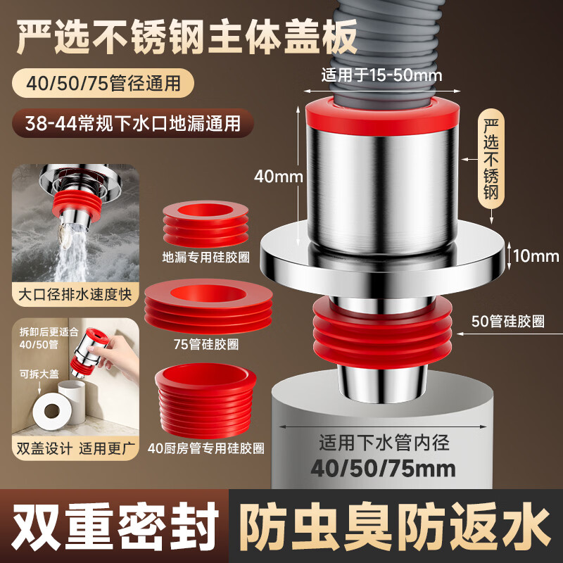 Jeonestan304不锈钢防返臭密封塞圈厨房洗菜盆下水管道排水堵臭味止逆神器 【40/50/75管】电镀色不锈钢防臭塞-1个装