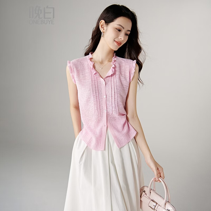 晚白2026年春夏款甜美花边领冰丝凉感针织上衣减龄显白飞飞袖针织衫女 粉色 S