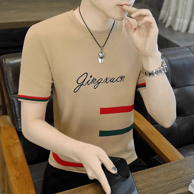 冰感针织短袖t恤男夏季新款潮流体恤衫刺绣休闲百搭个性半袖2127 2127-卡其色 L 105-120斤