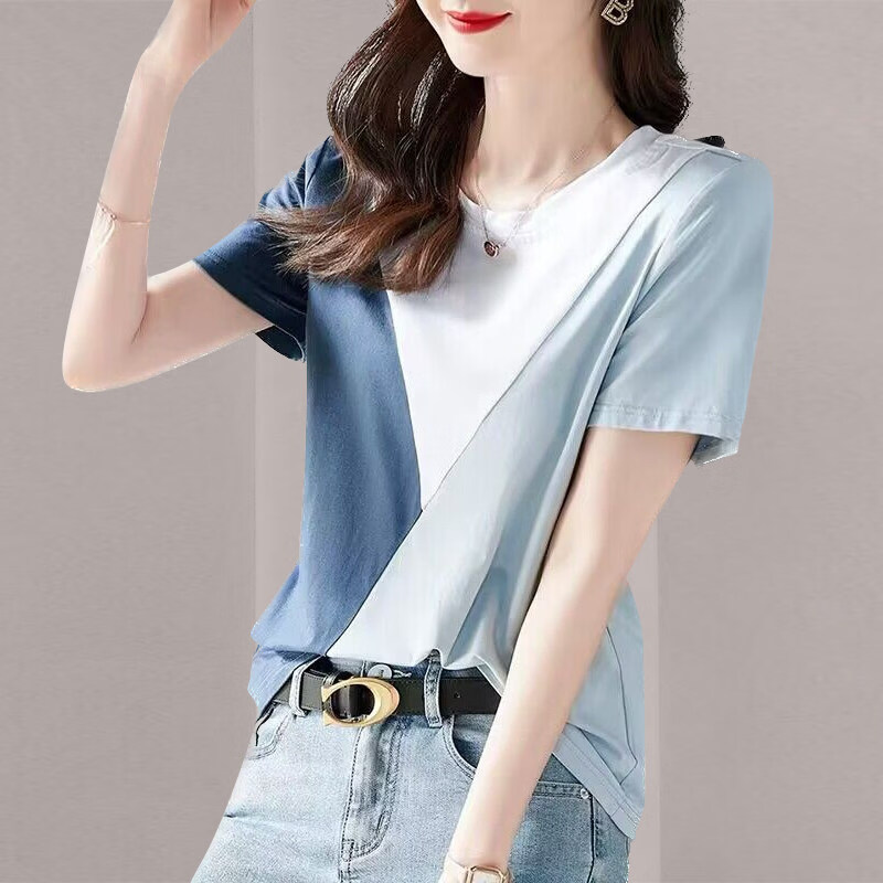 MODX上衣女夏季拼色短袖洋派拼接新款小众恤撞色时尚减龄潮 图片色【雾霾蓝】 M 80-100斤