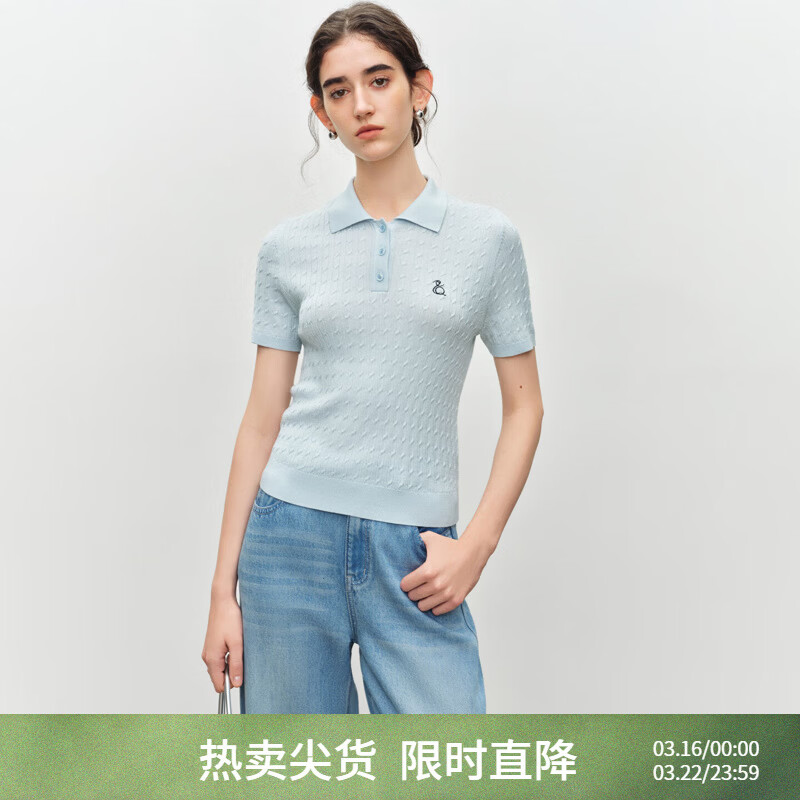 自巧小个子蓝色学院风短袖绞花polo衫女2026夏新款修身针织衫上衣 冰融蓝 M （尺码：4）