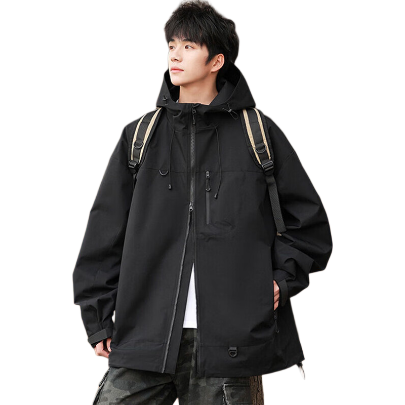 JEEP SPIRIT吉普户外登山冲锋衣男女同款美式新款休闲宽松防水防风外套 黑色【单衣】 XL (建议体重145-165斤)