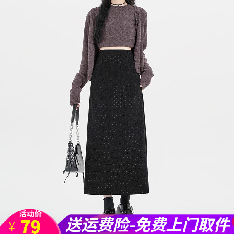 欧贝汐春秋新款半身裙女装波点高腰毛呢半身裙后开叉典半身长裙 黑色波点 S
