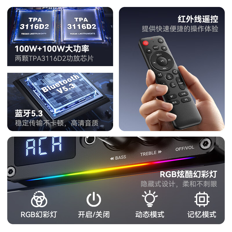 雷翼(RAYEE）5.3蓝牙功放机100W*2大功率立体声迷你家用数字功率放大器话筒唱歌无损U盘播放高低音调节 【蓝牙5.3】配24V5A电源+双话筒