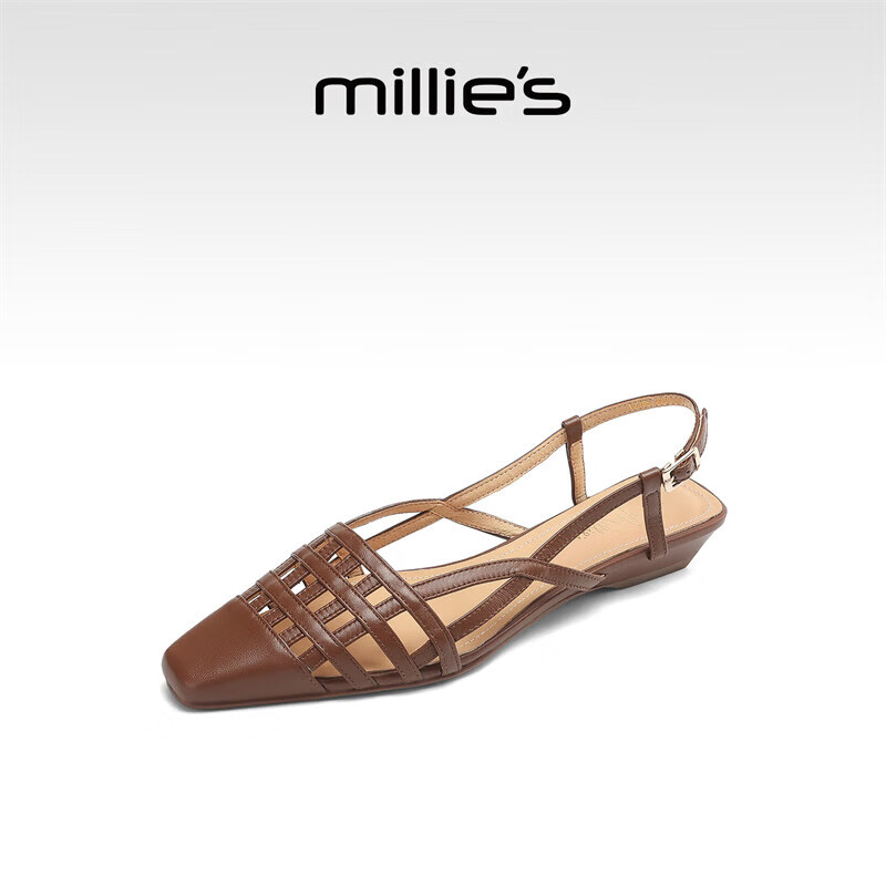 妙丽（Millies）凉鞋女低跟编织真皮时尚浅口搭扣2026春季新款百搭气质一字带凉鞋 棕色 35 (225mm) 标准码