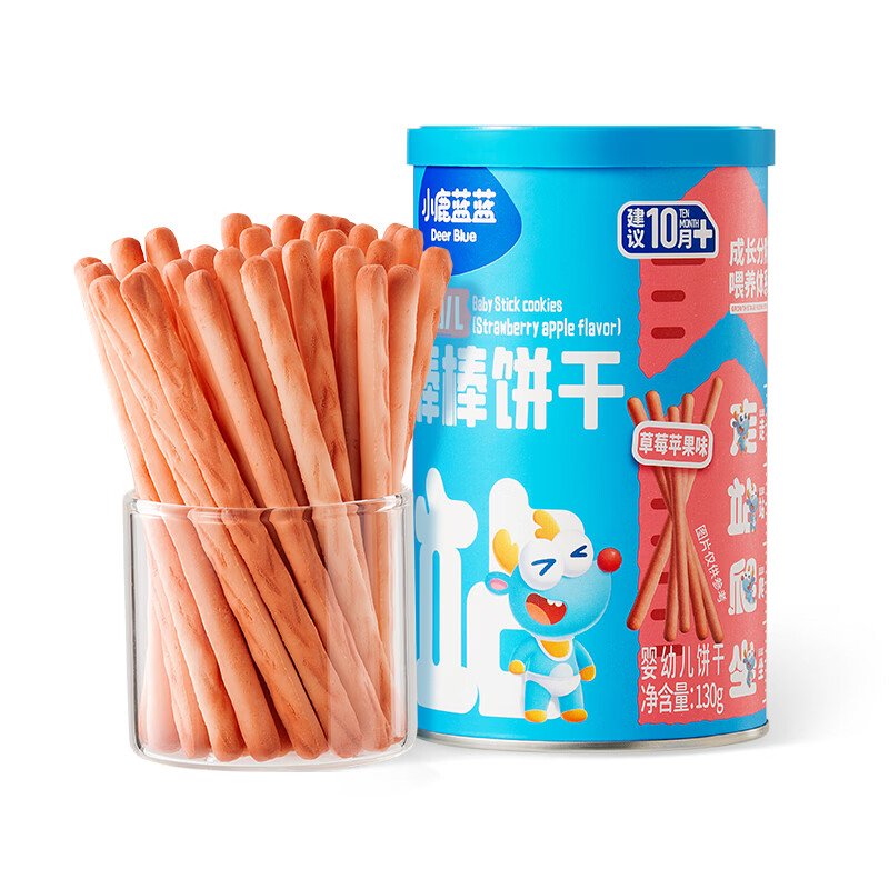 小鹿蓝蓝婴幼儿棒棒饼干炭烧棒磨牙棒手指饼干一岁宝宝零食婴标无添加盐 【10月+草莓苹果味】1罐
