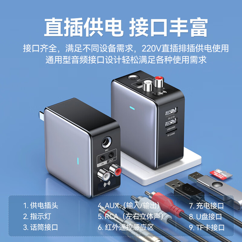 雷翼（RAYEE）蓝牙接收器5.3转老音箱响功放话筒唱歌aux接电脑电视音频发射器立体声U盘TF卡播放适配器 【时尚白】送音频线套装