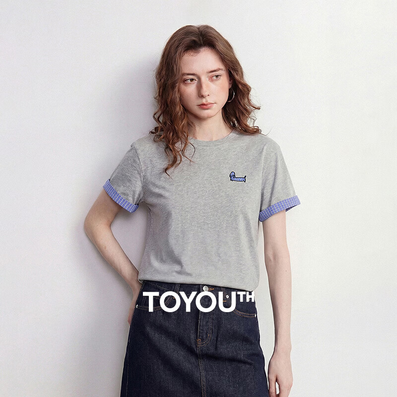 初语纯棉T恤女2026夏季新款前短后长开衩小狗贴布绣格纹翻袖上衣 花灰色 L