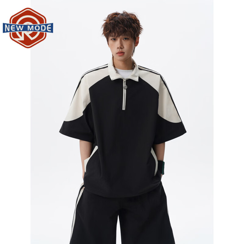 NEW OR MODE美式潮牌条纹拼接运动套装男夏季新款户外撞色冰丝短袖短裤两件套 黑色【高品质】 M 【建议90-110斤】