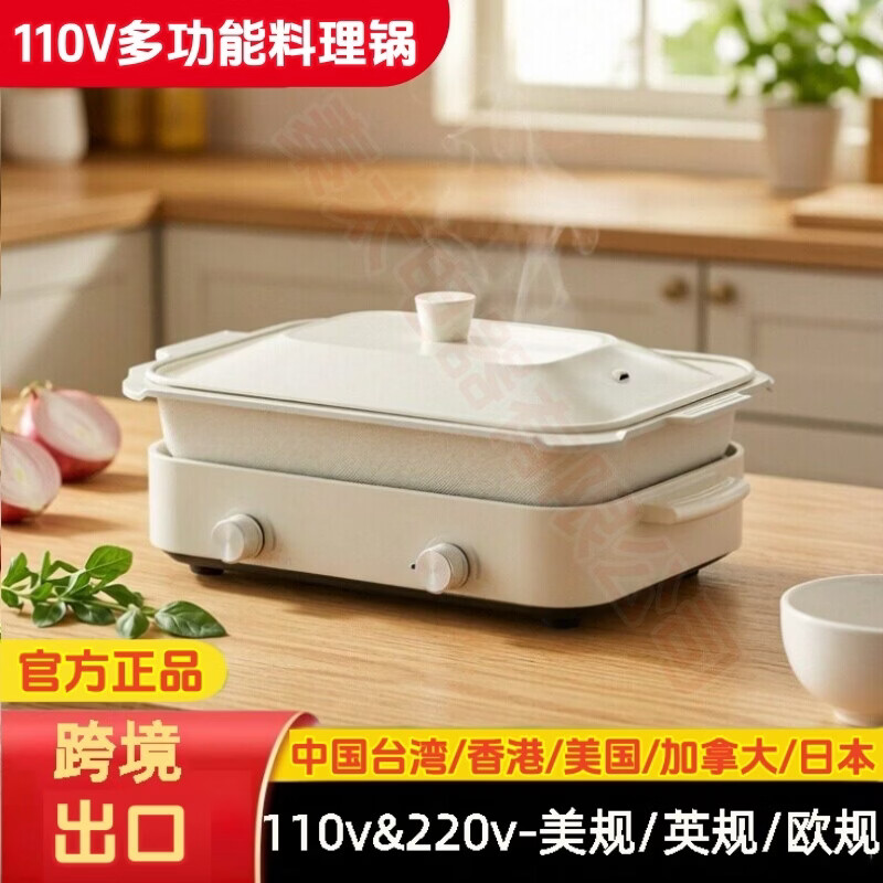 110V多功能料理锅鸳鸯锅电火锅家用分体电烤炉小家电 110V美规白色 陶瓷釉大深锅