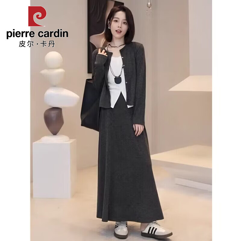 皮尔卡丹今年流行时尚套装裙女春秋韩系休闲长袖开衫背心高腰半身裙三件套 深灰色（三件套） L