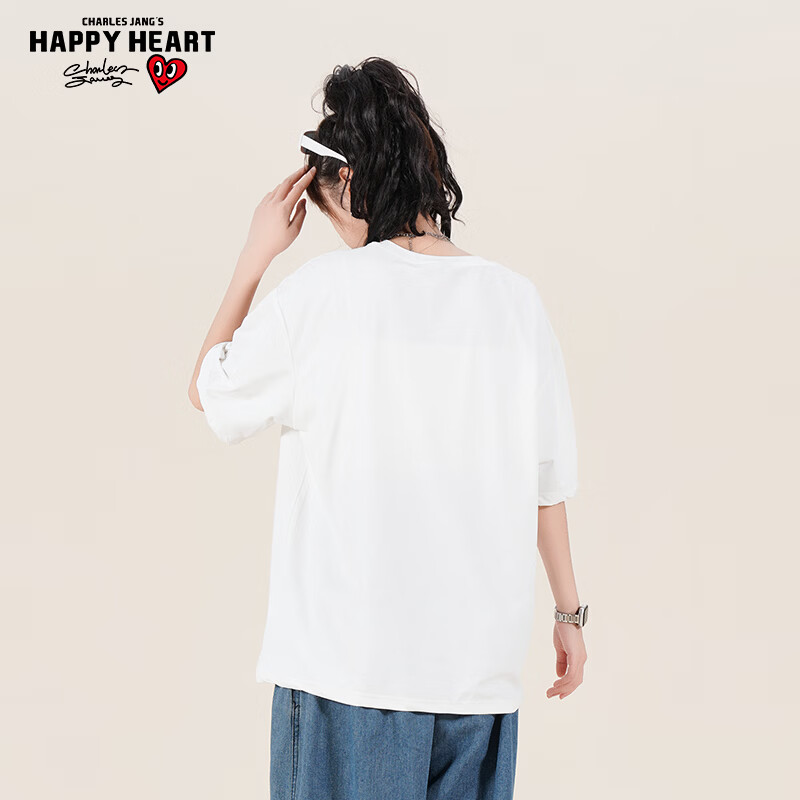 查尔斯桃心 夏季宽松简约美式休闲情侣薄款潮流透气百搭短袖T恤 男女同款 白色 S