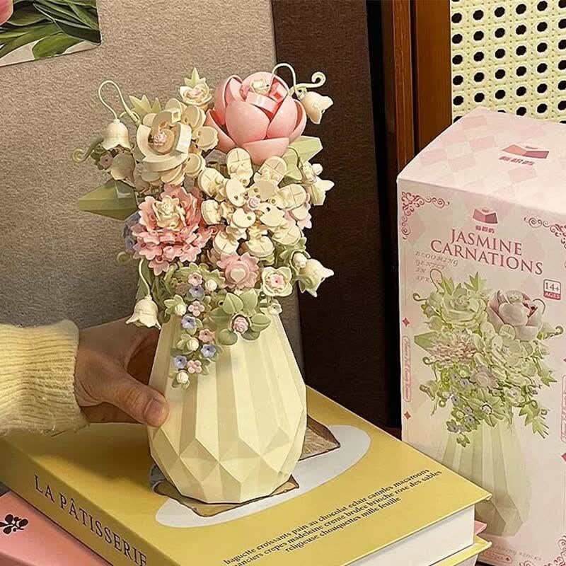 雅拼茉莉永生花积木花束手工diy拼装高颜值拼图摆件生日礼物送女生 雪砌芳茉+白色花瓶【精美彩盒】