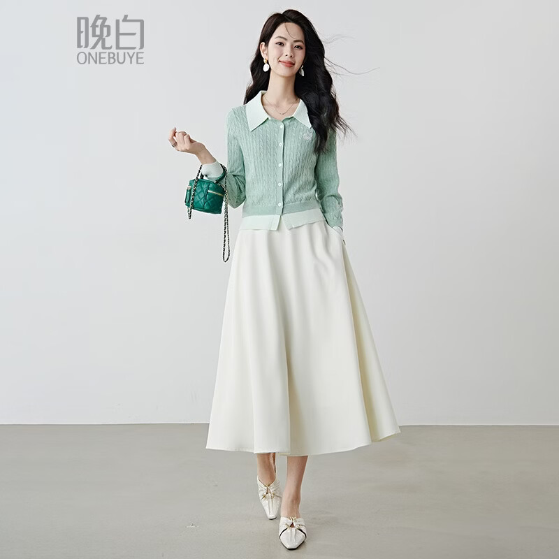 晚白2026年春款薄荷绿显白翻领假两件上衣亲肤舒适撞色绞花针织衫女 浅绿色 M