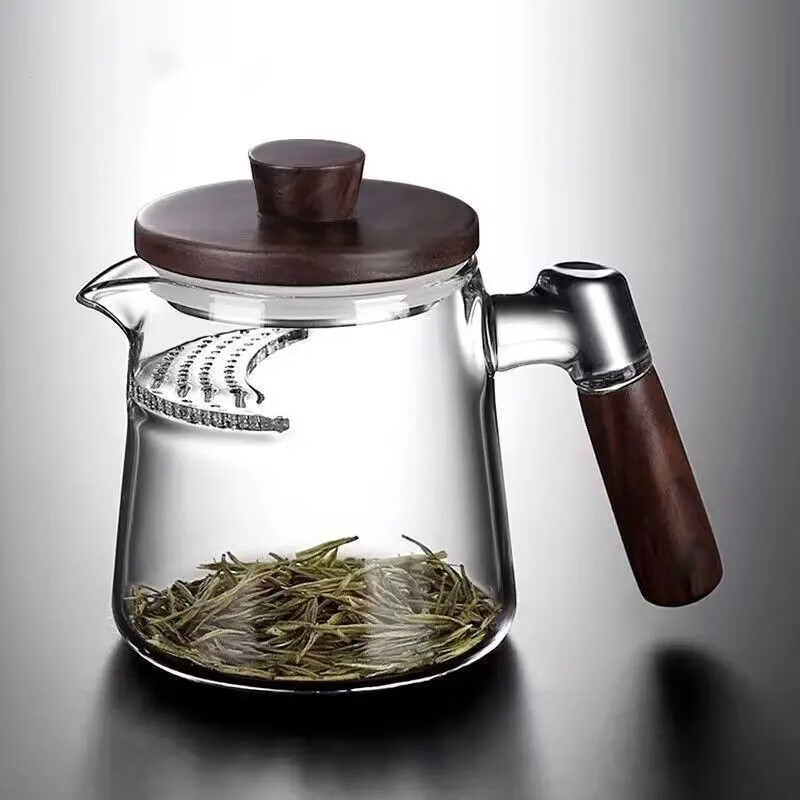加厚耐热月牙自带茶漏过滤网一体玻璃泡绿茶分茶器茶水分离公道杯 月牙款450ML【全木盖】