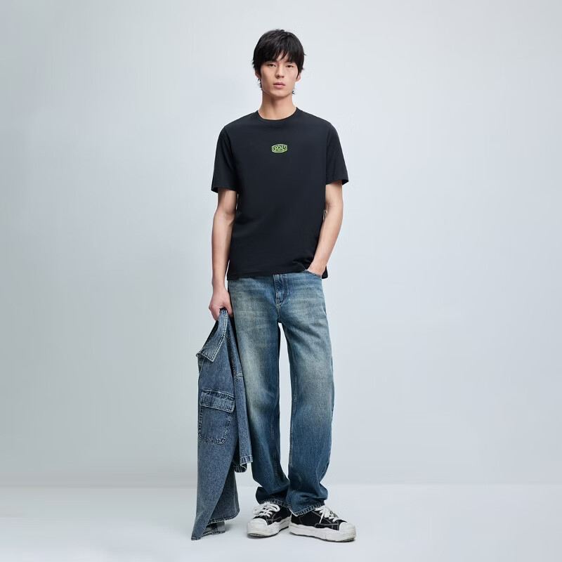 杰克·琼斯（JACK&JONES）26年【100%纯棉】短袖t恤男款夏季新款趣味撞色字母印花品质男装 E43纯黑色 S （170）