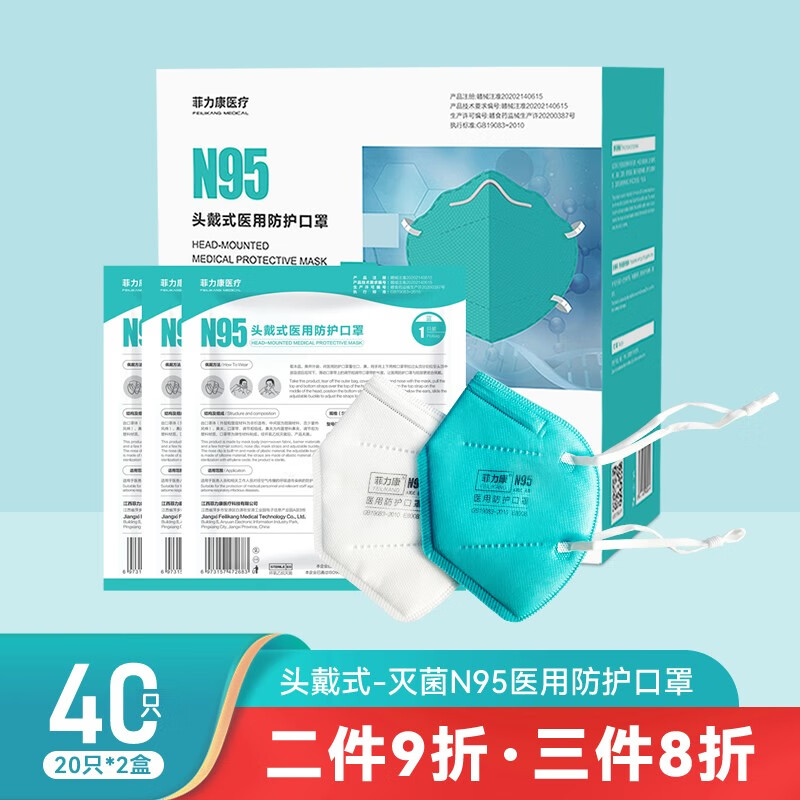 菲力康 N95口罩头戴式医用防护口罩独立包装医疗级折叠式口罩 【蓝色-头戴式】*40只