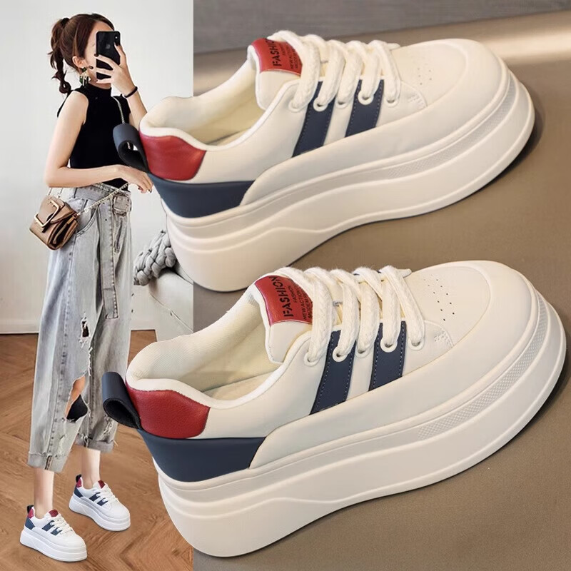 杨幂同款小白鞋女鞋2026春季新款厚底百搭内增高夏季透气网面板鞋 M930【米白色-皮面单里】 36