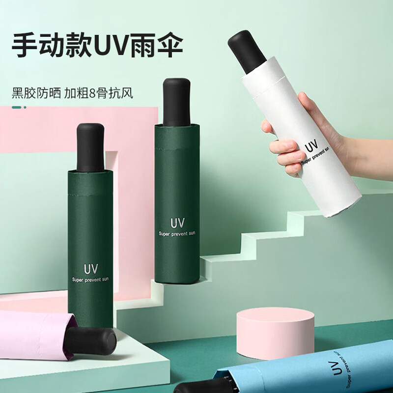 收纳组件 紫外线UV晴雨伞8股雨伞折叠两用遮阳伞加厚防风大号防晒 UV手动黑胶晴雨伞【红色】加固伞骨