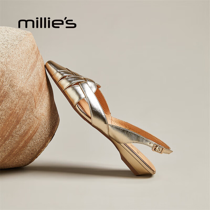 妙丽(Millies)凉鞋女包头低跟编织复古后绑带休闲百搭2025夏季新款 金色 39 (245mm) 标准码
