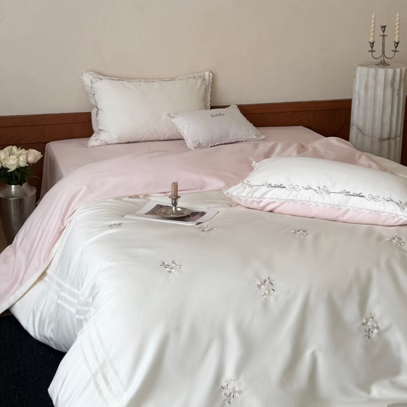 ROLAND LIVE轻奢简约风长绒棉刺绣四件套全棉被套亲肤透气四季1.8米床床品 LB 长绒棉套件-少女花栈粉色 1.2米床 床单款 【被套150*200cm】