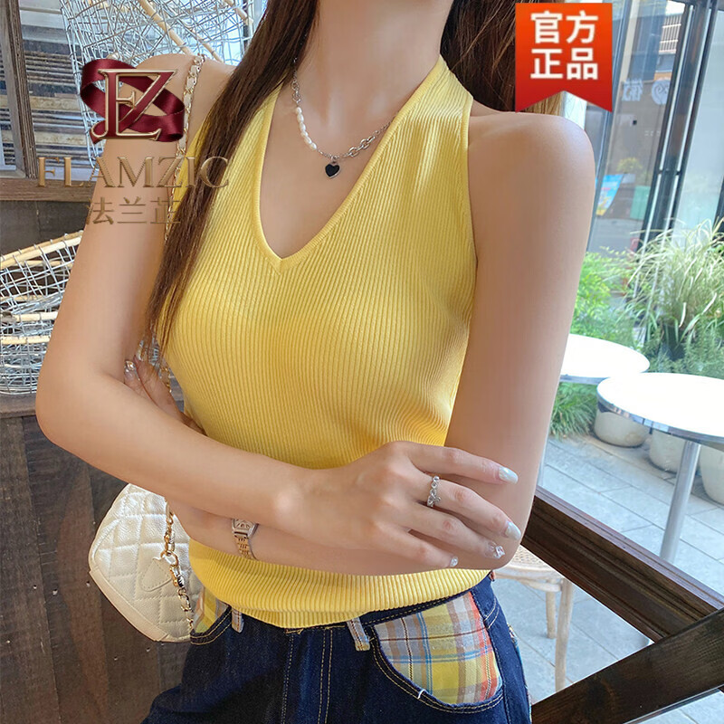 法兰芷(FLAMZIC)2026春夏新款白色挂颈吊带背心无袖打底气质百搭内搭挂脖上衣 流沙白 M
