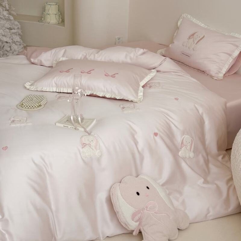 ROLAND LIVE可爱风春季长绒棉四件套卡通兔子全棉裸睡被套床单儿童三件套 LB 长绒棉套件-萌兔日记粉色 1.2米床 床单款 【被套150*200cm】