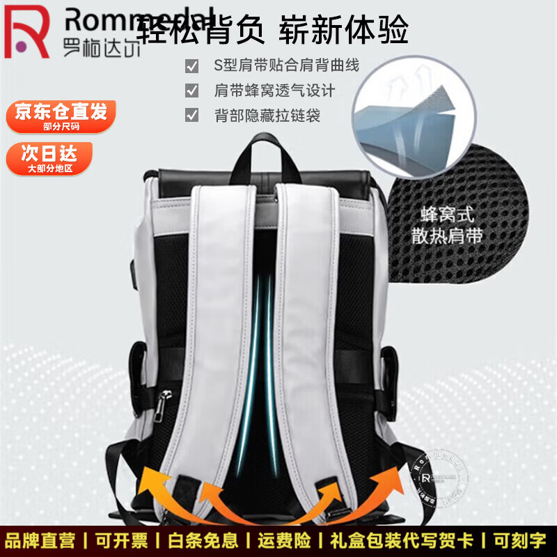 罗梅达尔（Rommedal）新款品牌高档双肩包男户外通勤背包时尚大容量学生书包男包双肩包 灰色拉链款【京仓次日达】【高46*底长32*宽16CM】