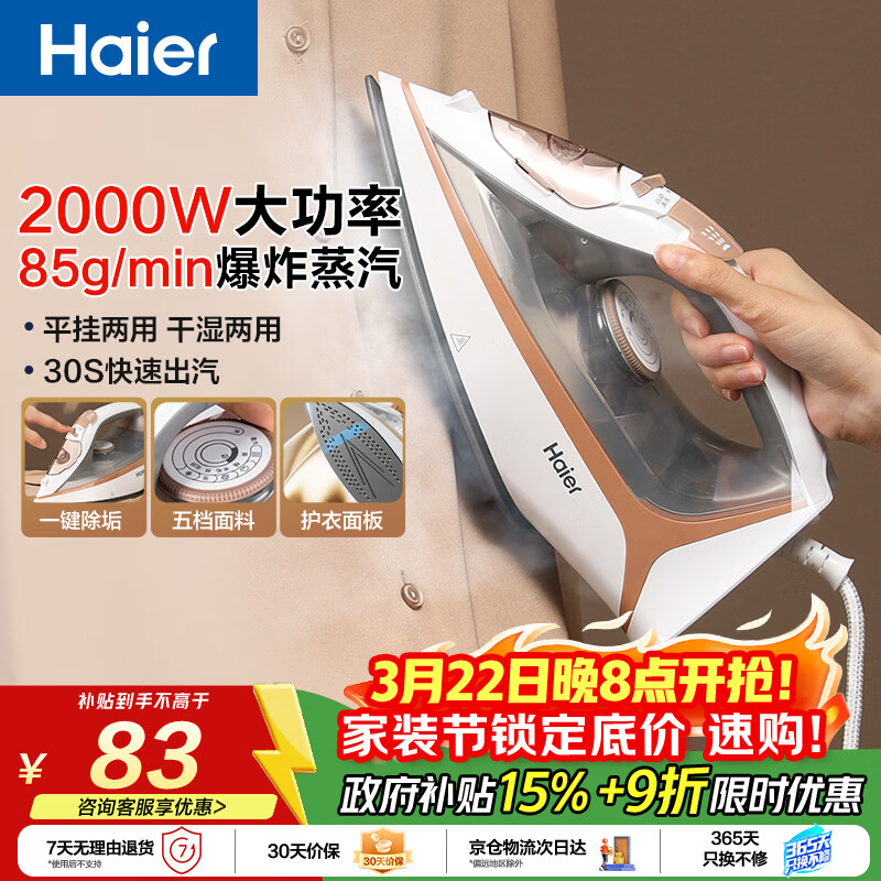 海尔（Haier）大面板电熨斗85g/min爆炸蒸汽300ml透明水箱家用挂烫机小型手持熨烫机老式裁缝店拼豆神器HY-Y2026
