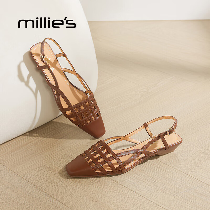 妙丽（Millies）凉鞋女低跟编织真皮时尚浅口搭扣2026春季新款百搭气质一字带凉鞋 棕色 35 (225mm) 标准码 京东折扣/优惠券