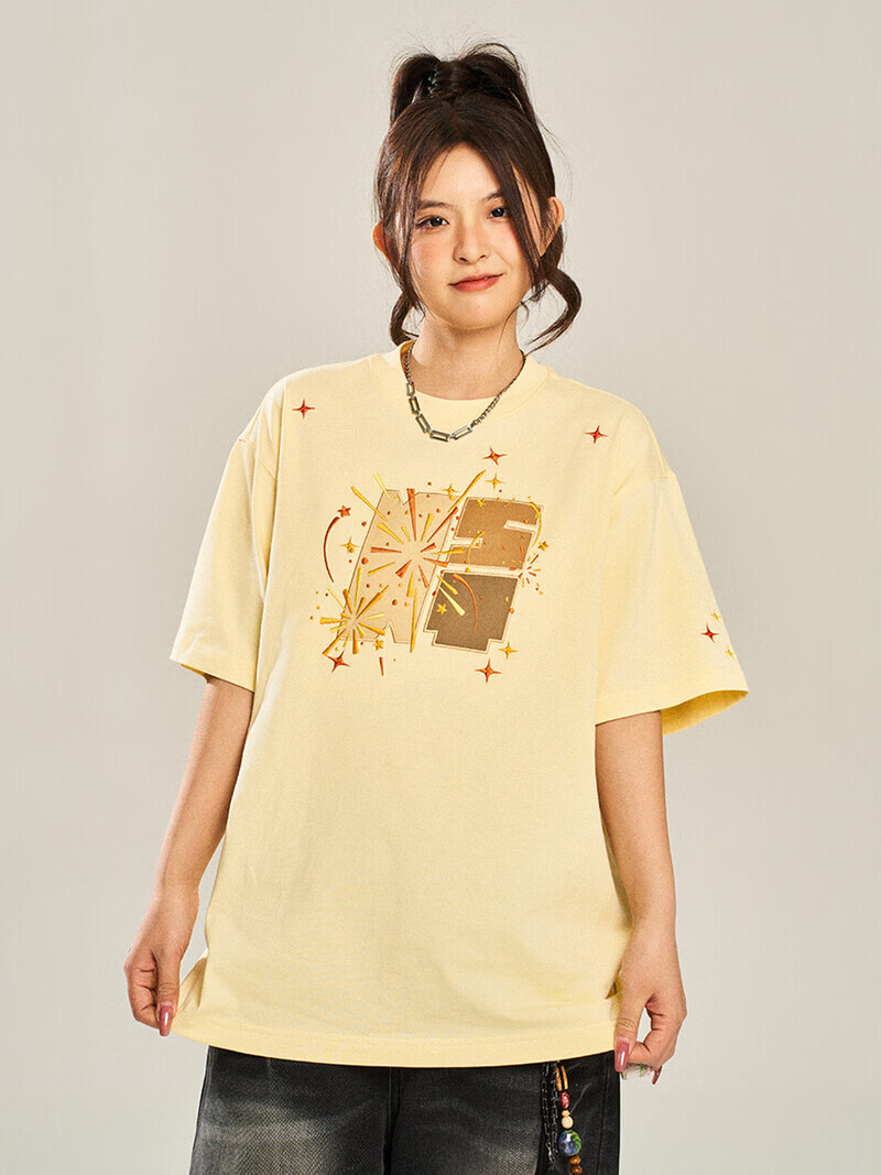 NSTNEW  START发芽计划“烟花”刺绣贴布夏季复古情侣宽松百搭短袖T恤男女同款 白色 【现货】 XL （三标齐全）