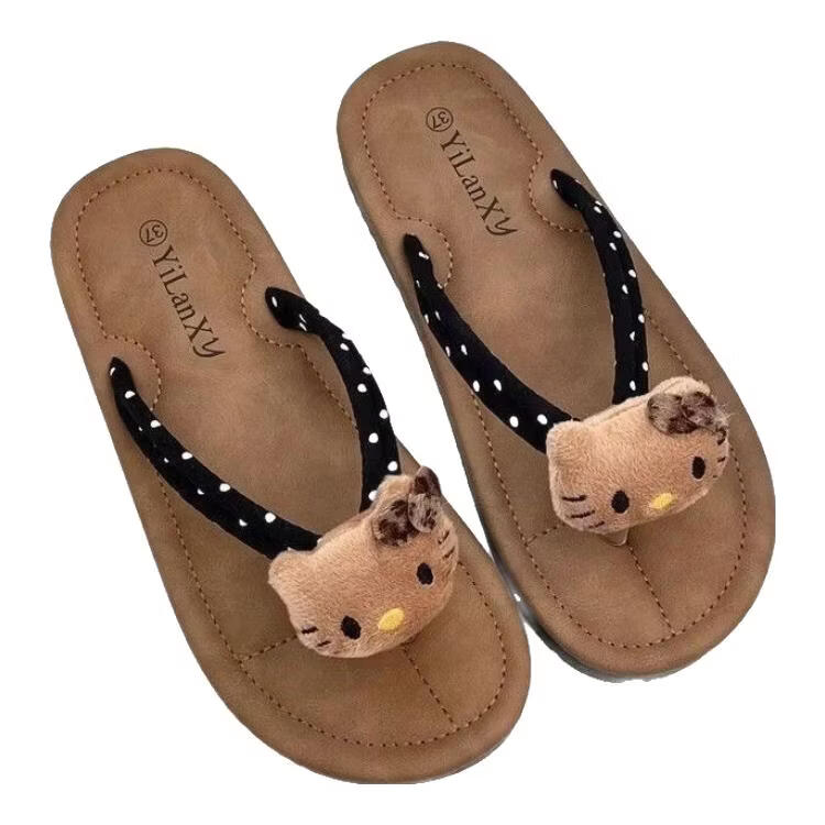 福虹辰2026卡通新款波点人字拖鞋女沙滩夏超软耐磨外穿外出洋气防滑Z KTI猫人字拖-黑色 36-37 适合35-36