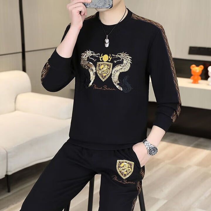 国际米澜轻奢男装休闲套装男2026春秋季高端潮牌时尚帅气圆领卫衣运动套装 LS10黑色套装 XL 建议135-150斤