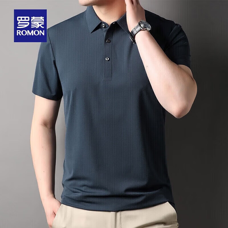 罗蒙（ROMON）【高弹无痕】短袖polo衫男夏季新款泡泡格弹力纯色翻领短袖t恤 G2206深蓝 XL 180/96A（建议135-155斤）