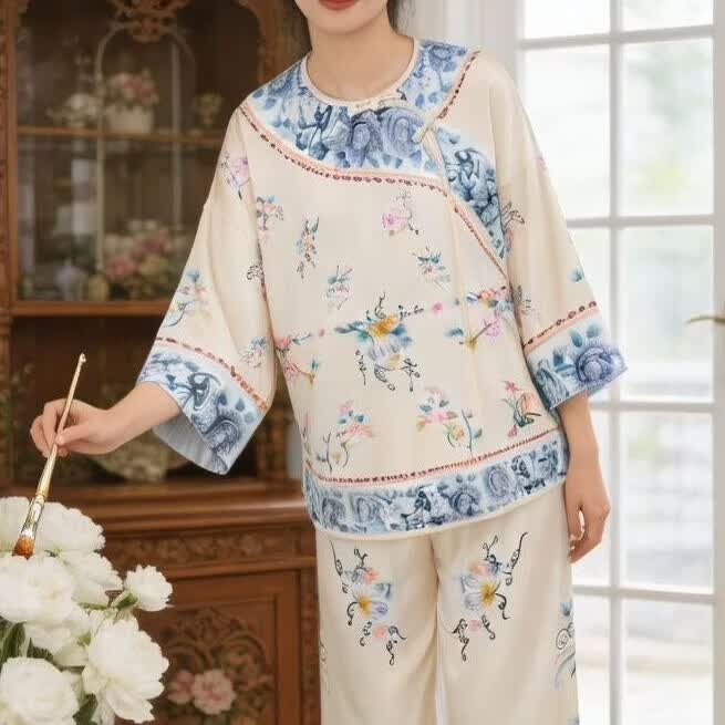 新中式国风睡衣套装2026年新款冰丝宫廷风轻奢女士春夏家居服套装 313黄 3XL （建议160-180斤）