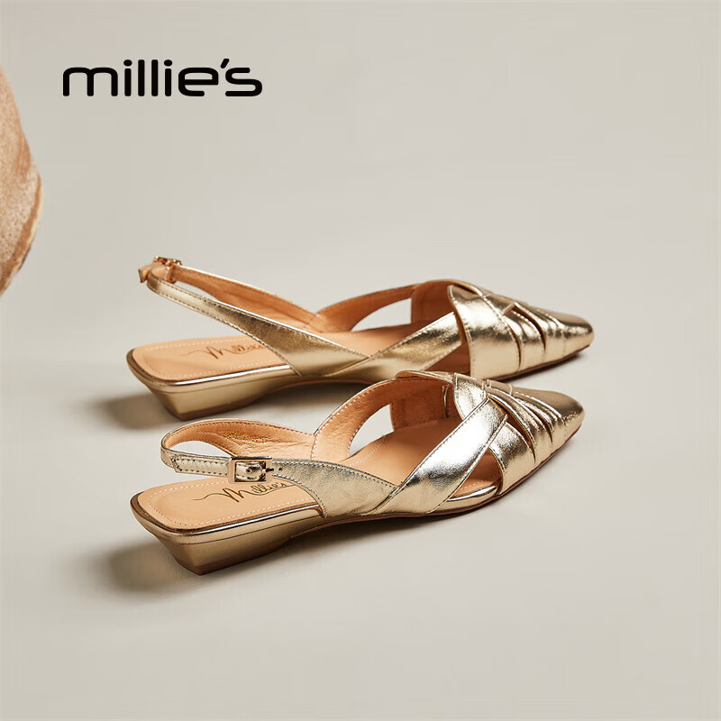 妙丽(Millies)凉鞋女包头低跟编织复古后绑带休闲百搭2025夏季新款 金色 39 (245mm) 标准码