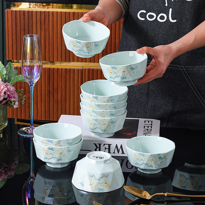 句途影青语茉花开碗家用陶瓷米饭碗菜盘子加厚防烫国潮风餐具 影青语茉花开 10个4.6英寸碗