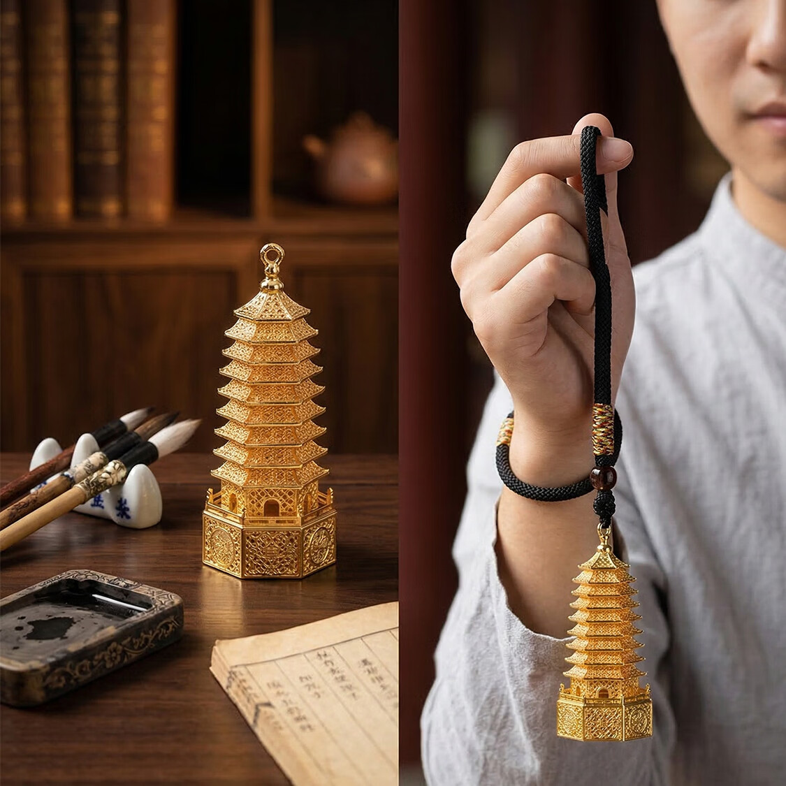 中掌柜黄铜文昌塔挂件花丝镂空书包装饰包挂文运系列毕业礼物 7厘米花丝文昌塔(9层)