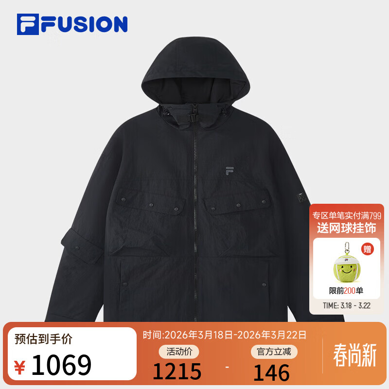 FILA FUSION斐乐潮牌梭织外套男2026春新款时尚宽松连帽工装上衣 正黑色-BK L 175/96A/L