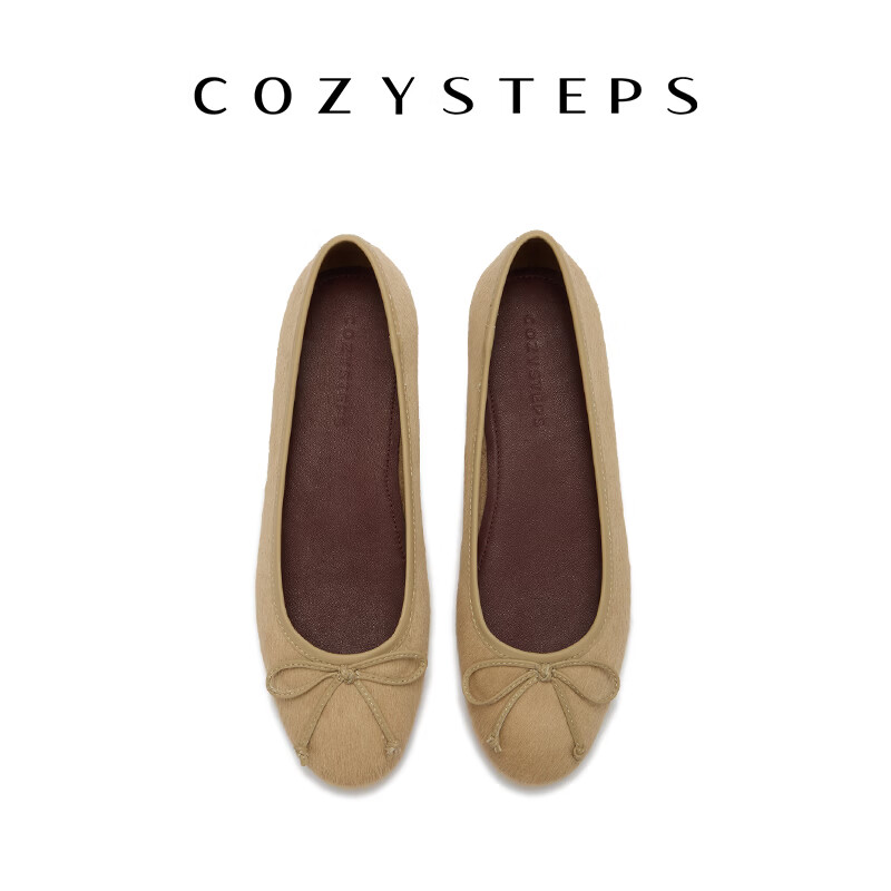 COZY STEPS可至女士26春夏新款牛毛蝴蝶结薄底圆头浅口芭蕾单鞋女 沐日砂 35